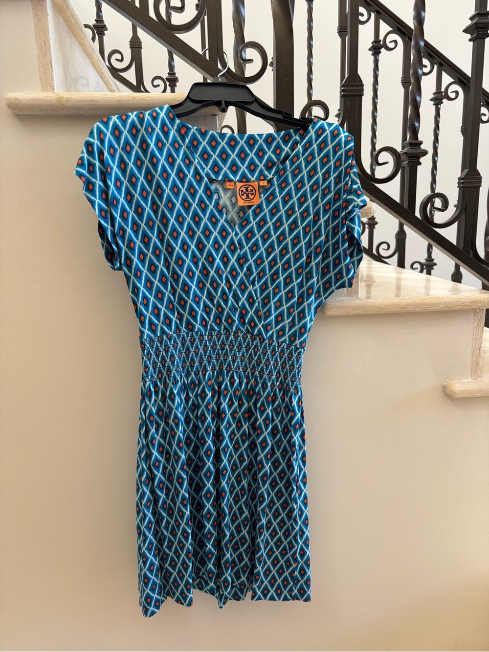 Tory Burch Teal Blue Geometric Smocked-Waist Mini Dress